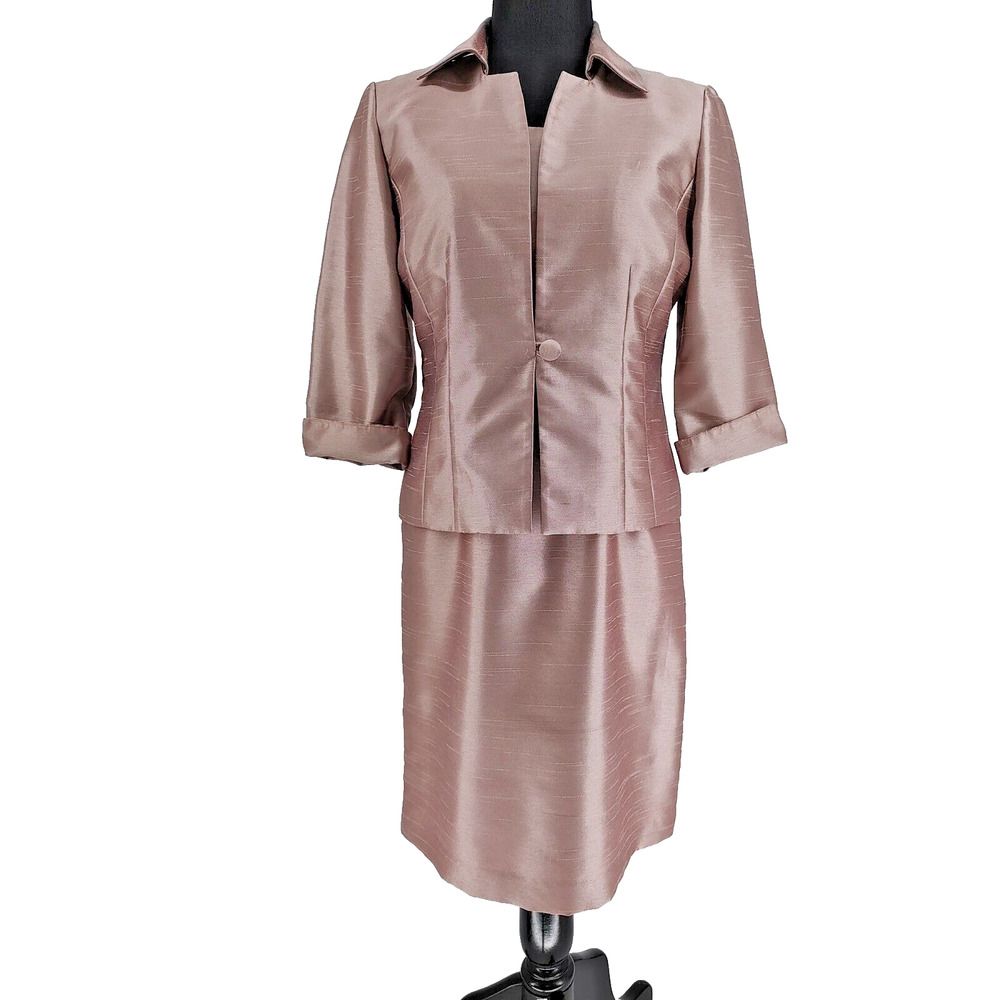 Jessica Howard Women Petite Evening Bronze Suit Shift Dress Jacket Size 6 Lined